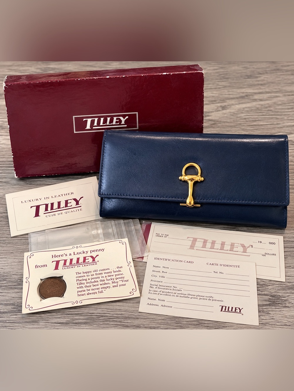 Vintage Tilley Leather Wallet NOS Blue Gold Hardware Box Lucky Penny NWT